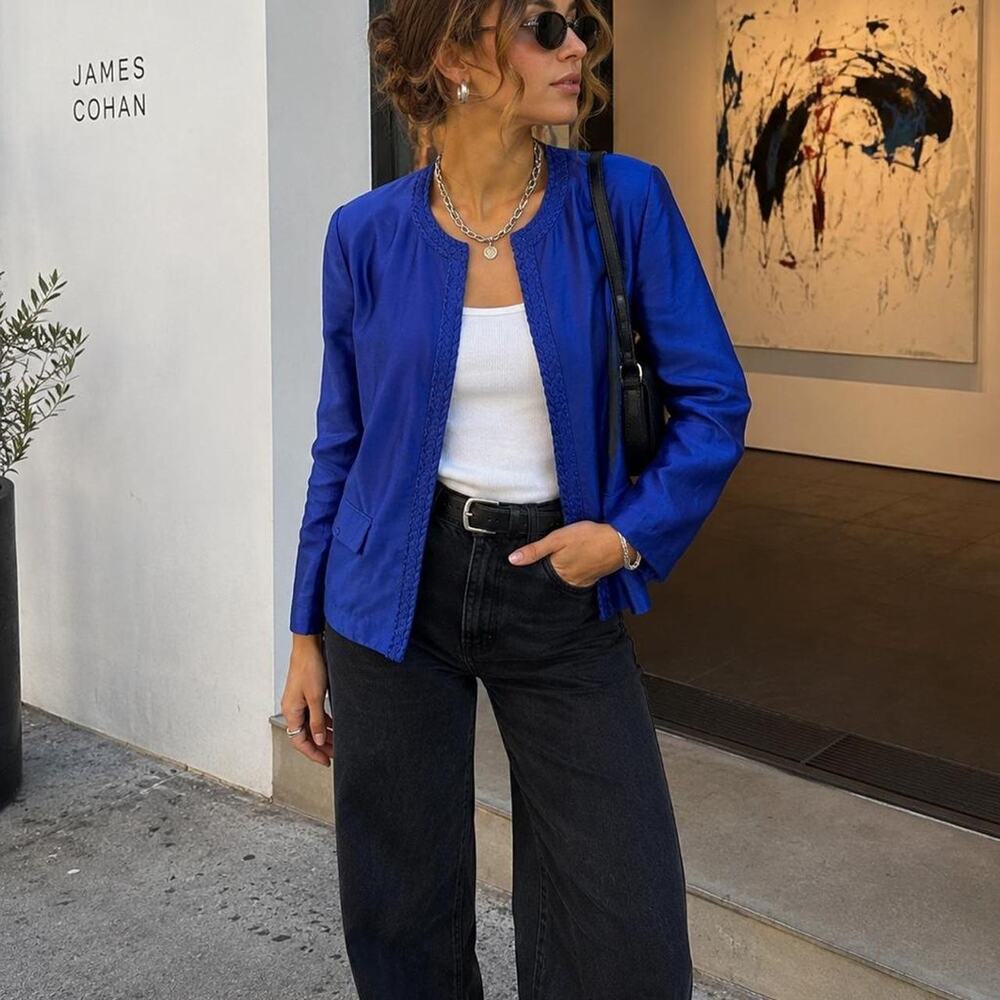Chico's 100% Silk Open Front Jacket Royal Blue Size 0